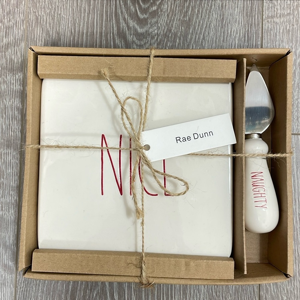NWT Rae Dunn Cheese Board with Spreader Knife Gift Set “Naughty” & “Nice”